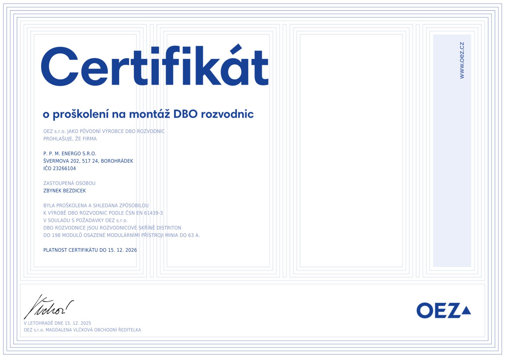 Certifikát výrobce rozváděčů OEZ