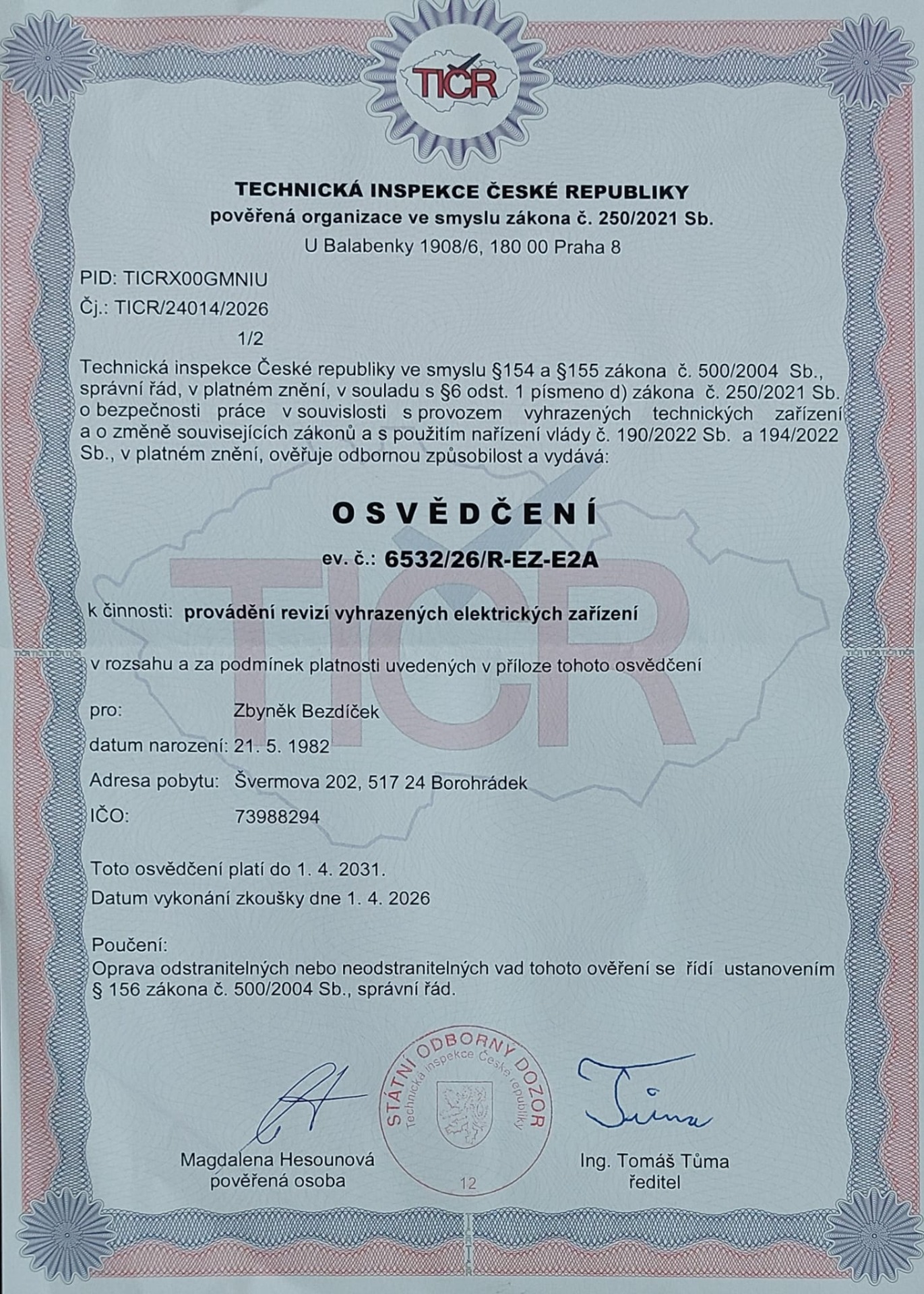 Osvědčení TIČR